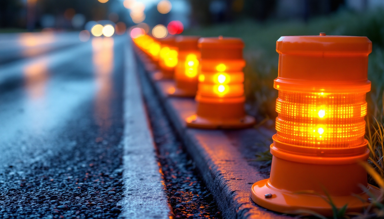 Traffic OS — amber warning lights on barricades and drums at night