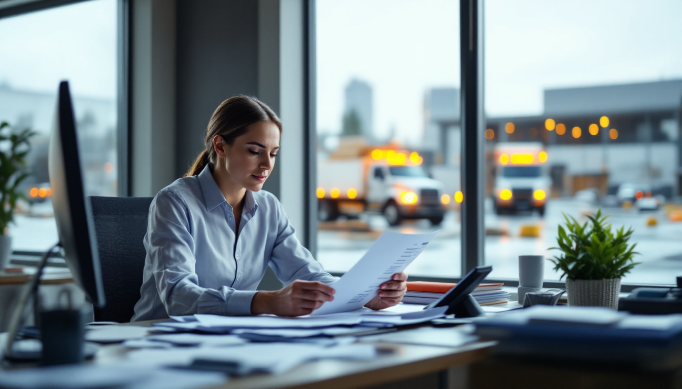 Office manager reviewing invoices with work trucks visible outside the window