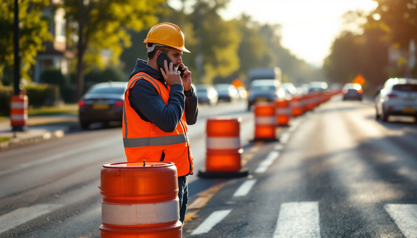 Construction manager on the phone at the edge of an arterial lane closure