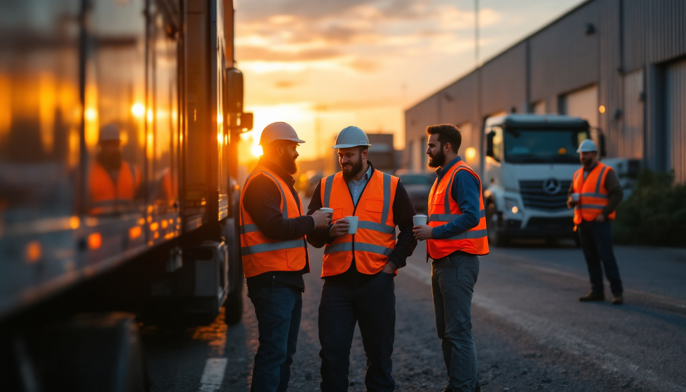Traffic OS — a traffic control crew gathered at a truck tailgate in a staging yard at dawn