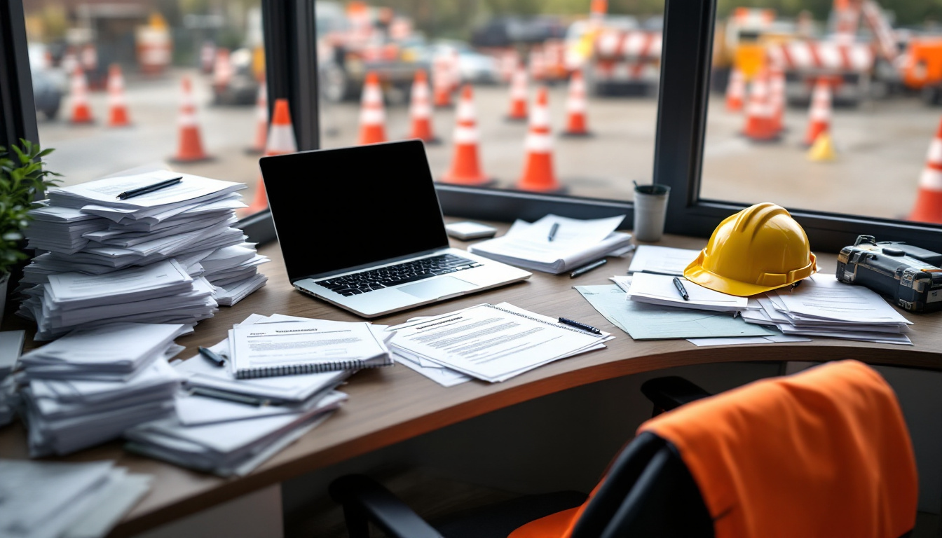 Contractor office desk with application paperwork, a hard hat and a high-visibility vest