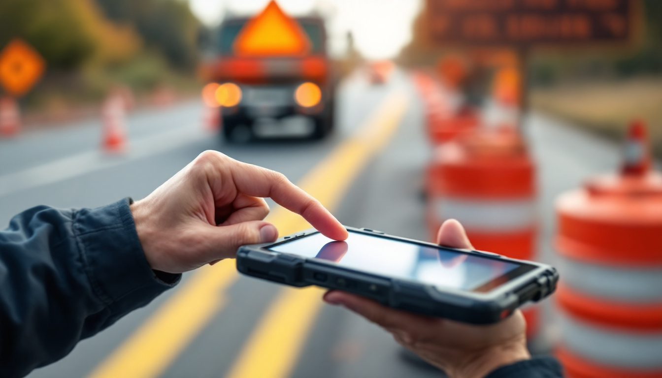 Finger signing on a rugged tablet beside a roadside work zone