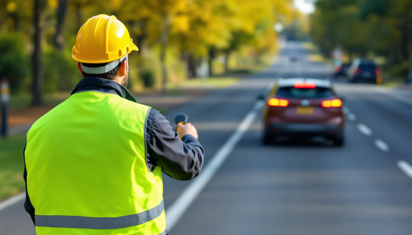 Traffic OS — a flagger working a two-lane road closure