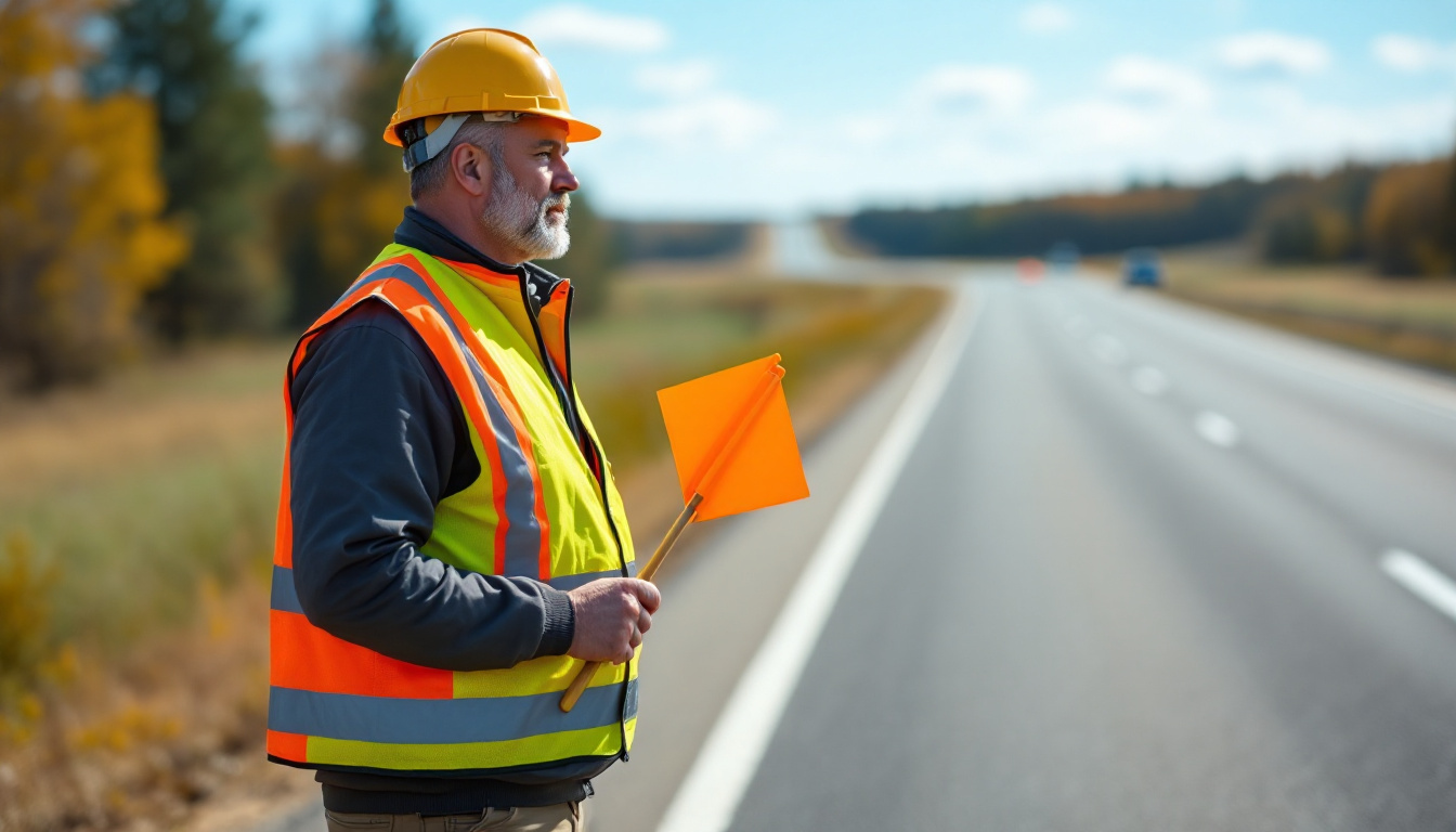 Traffic OS — flagger station setup and escape routes on a two-lane highway