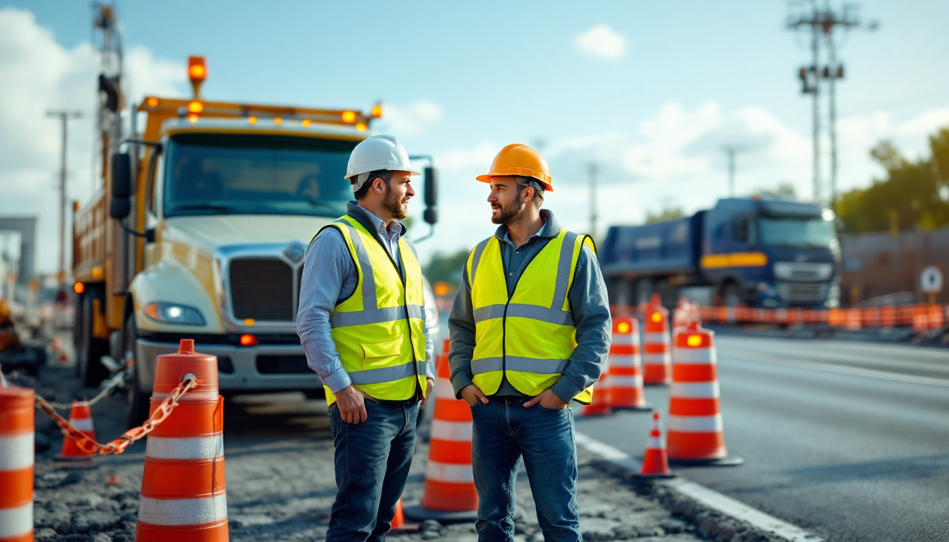 Contractor project manager and traffic control supervisor talking beside a work truck