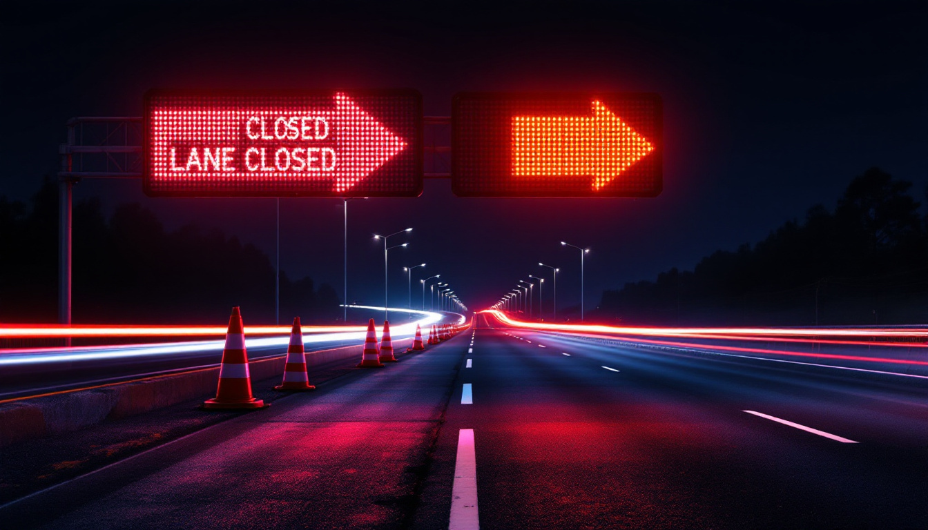Traffic OS — a night lane closure with an arrow board and light trails from passing traffic