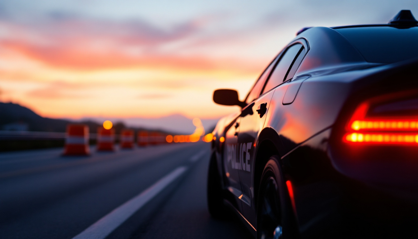 Traffic OS — uniformed officer and marked patrol unit staged on a work zone approach