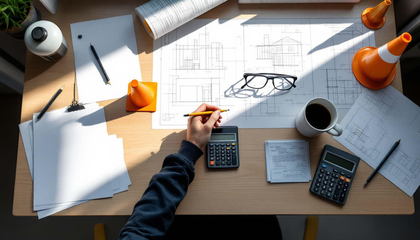 Estimator's desk with a calculator, a bid spreadsheet and a small traffic cone