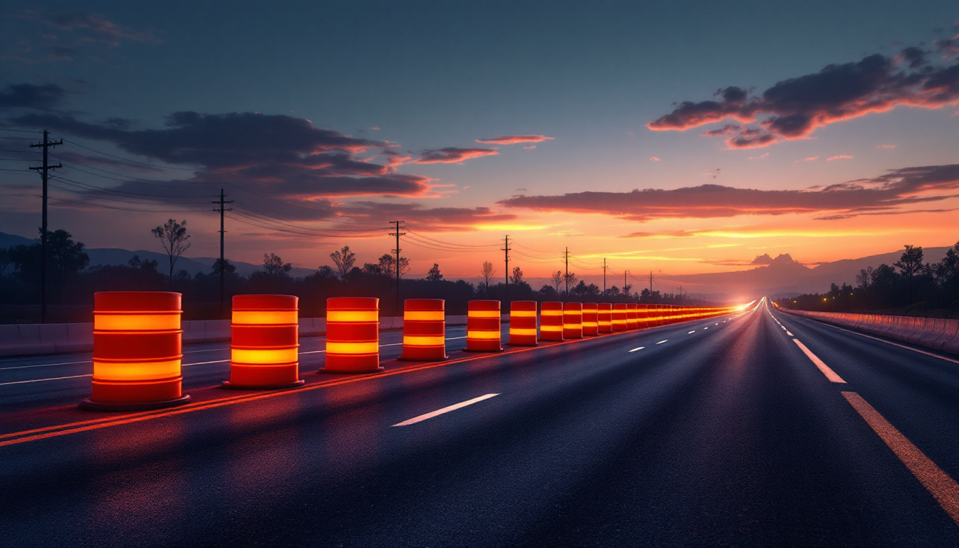 Traffic OS — a freeway lane closure at dusk with illuminated channelizing drums