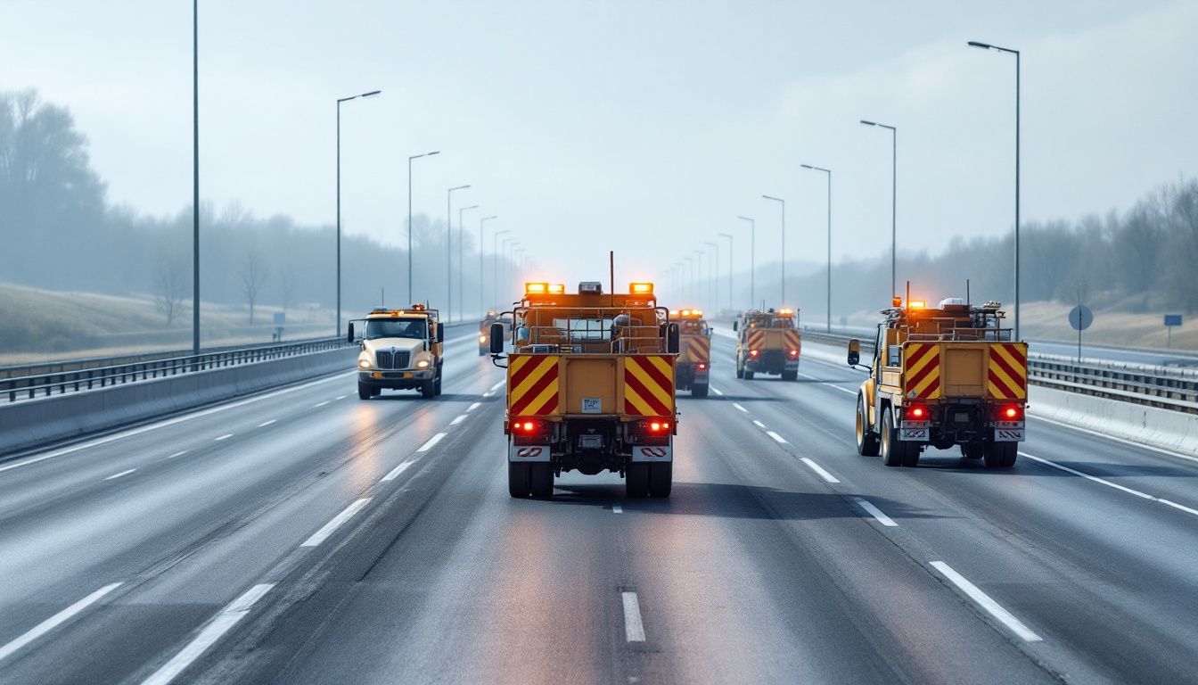 Traffic OS — work vehicles with amber beacons spread across highway lanes in a rolling closure