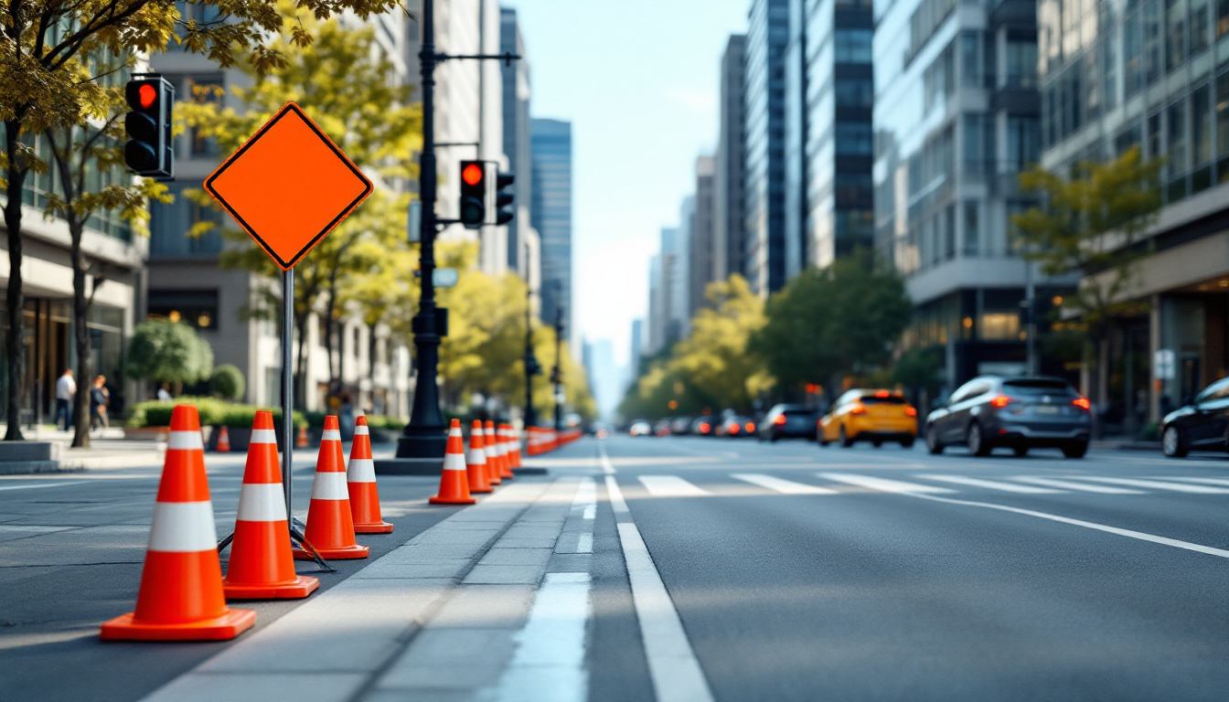 Traffic OS — a downtown street with a partial lane closure and portable barricades