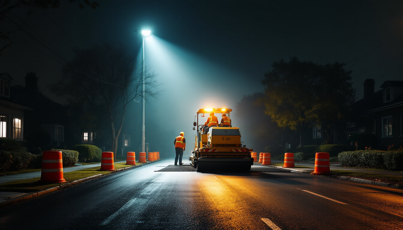 Night road work on a residential street with a light tower and orange barrels