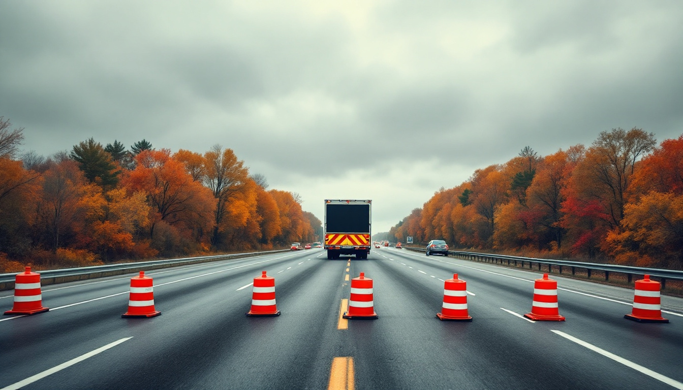 Interstate lane closure with orange barrels and an arrow board under an autumn sky