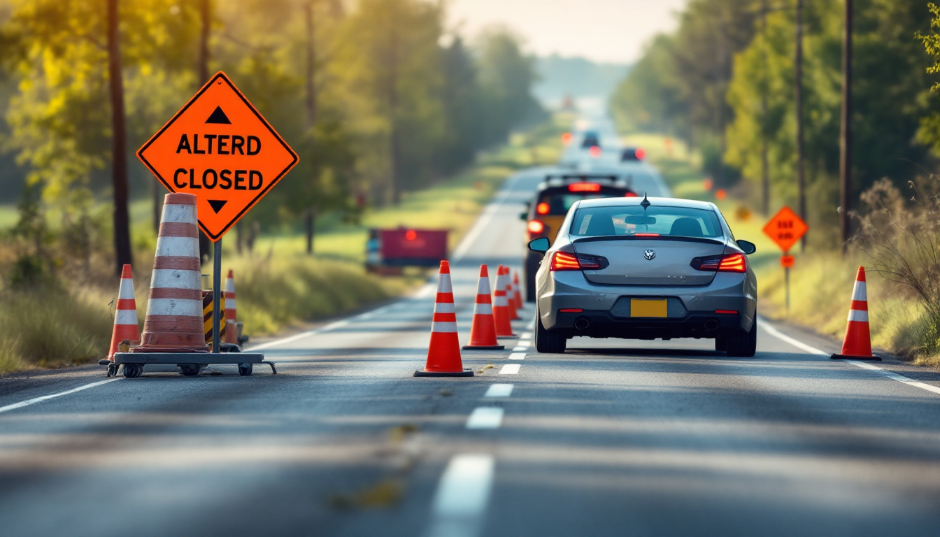 Traffic OS — one-lane two-way traffic control with a pilot car on a rural highway