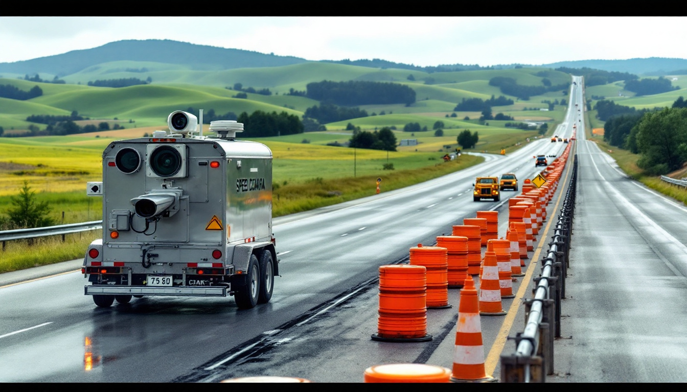 Traffic OS — a Pennsylvania interstate work zone with a speed enforcement unit on the shoulder