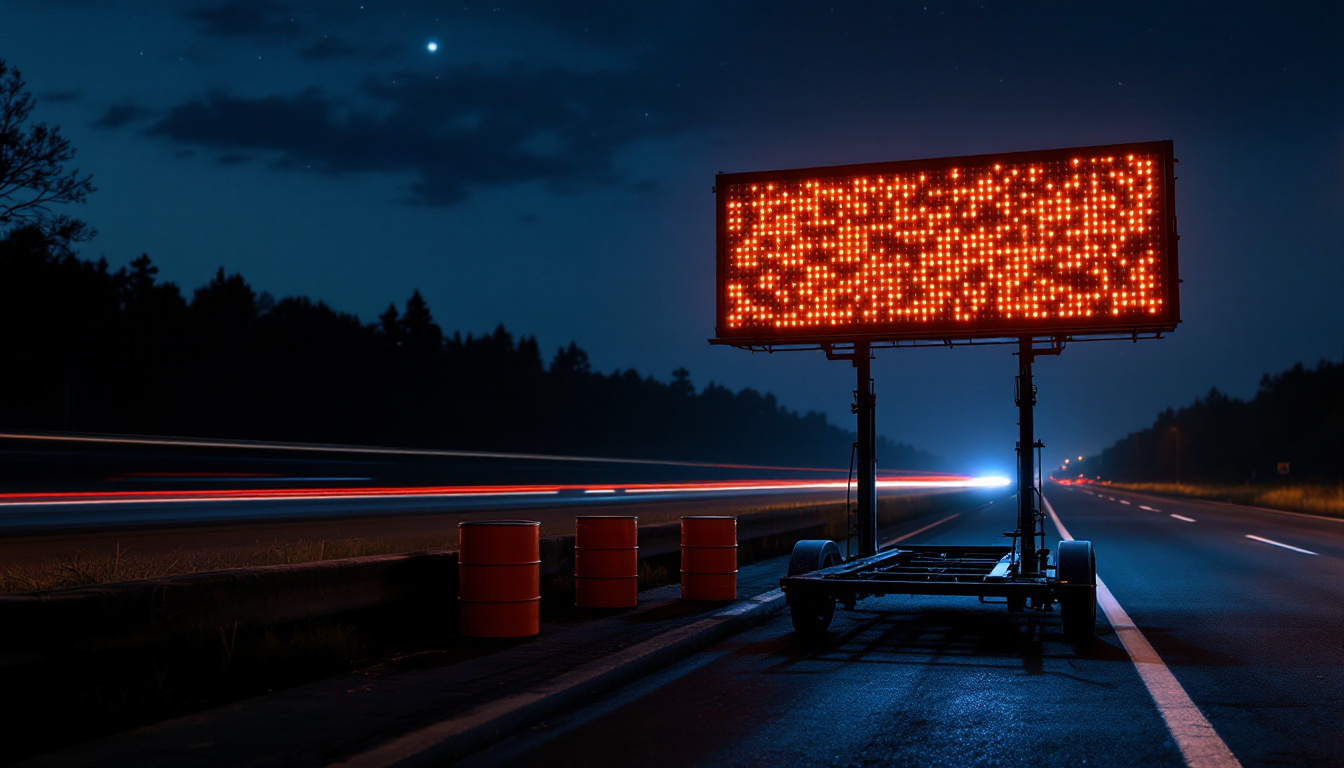 Trailer-mounted portable changeable message sign on a highway shoulder at night