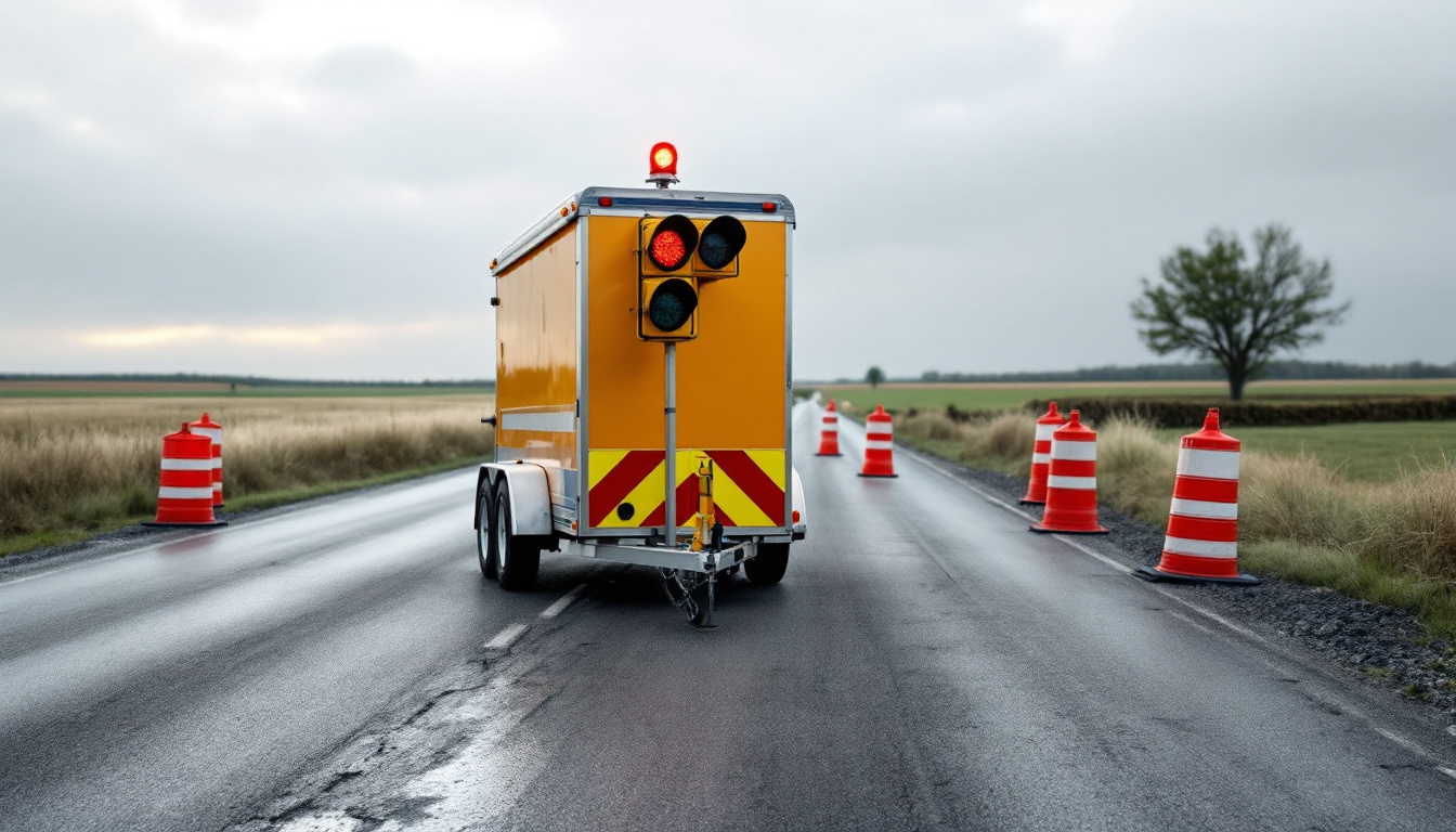 Traffic OS — a portable temporary traffic signal trailer at a rural one-lane work zone