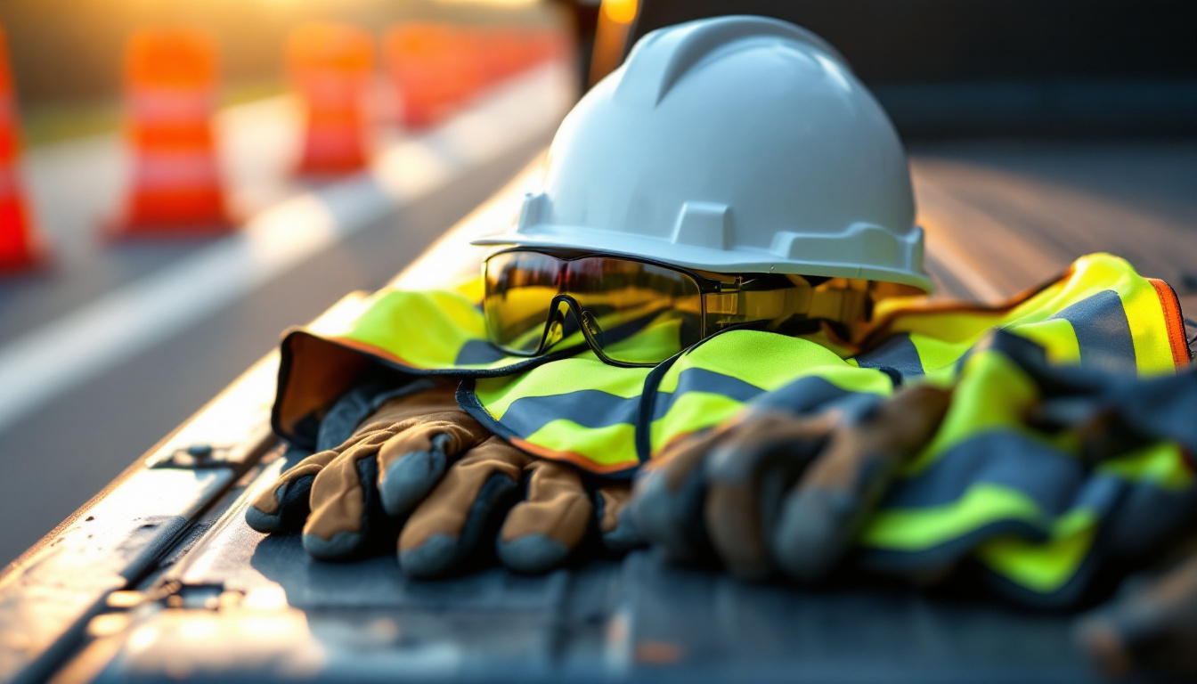 Hard hat, class 3 vest, safety glasses, gloves and boots on a work truck tailgate