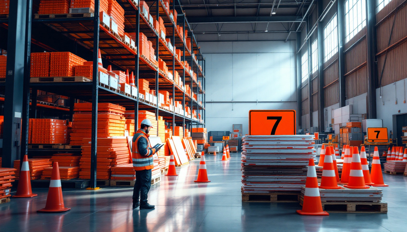 Traffic OS — a traffic control equipment warehouse with shelves of cones, signs and barricade rails