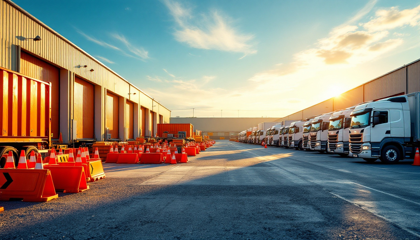 Traffic OS — a traffic control equipment yard at sunrise with barricades, cones and work trucks