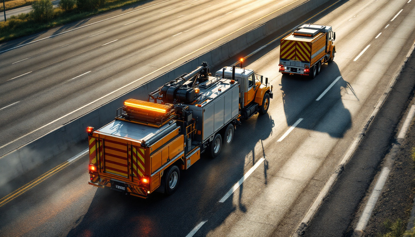 Traffic OS — a mobile work operation on a highway shoulder with a trailing warning vehicle