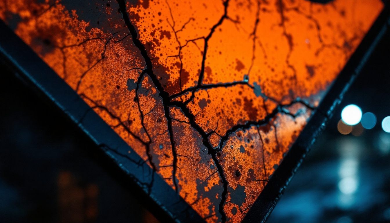 Traffic OS — a weathered orange work zone sign catching headlight glare at night
