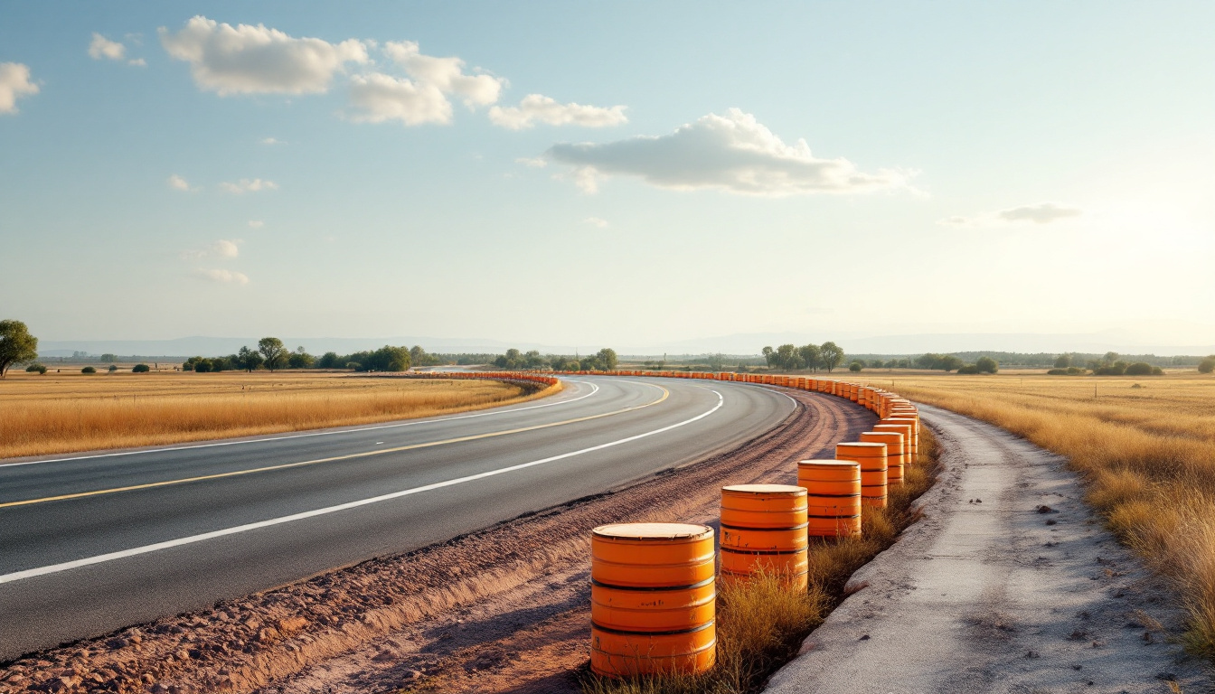Traffic OS — a rural state highway work zone with channelizing drums along the shoulder