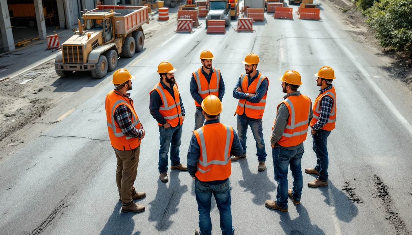 Traffic OS — a road crew in orange vests and hard hats gathered for a morning briefing