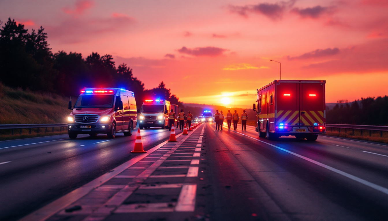 Traffic OS — a highway incident scene at dusk with a tapered lane closure