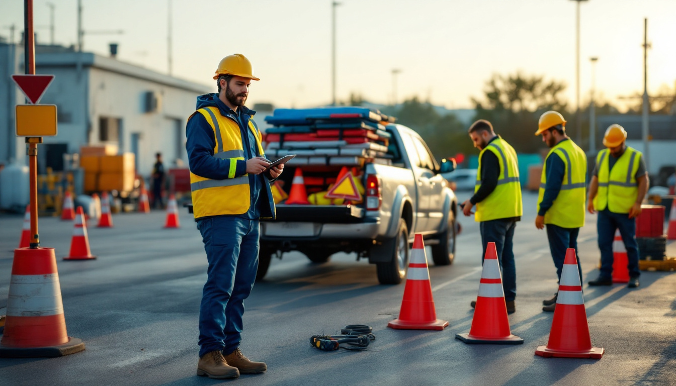 Crew lead with a tablet beside a loaded pickup at a traffic control yard at dawn