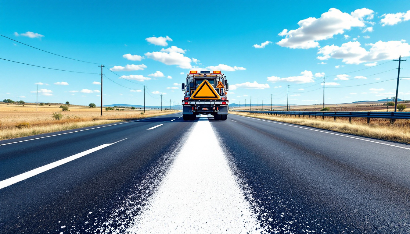 Striping truck painting a line followed by a shadow vehicle with an attenuator and arrow board