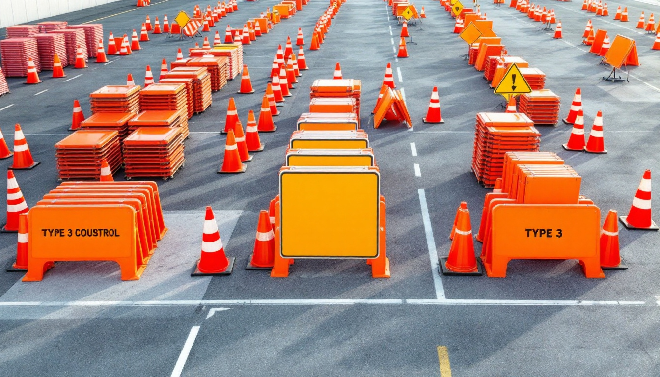 Traffic OS — a traffic control equipment yard with cones, signs, and barricades