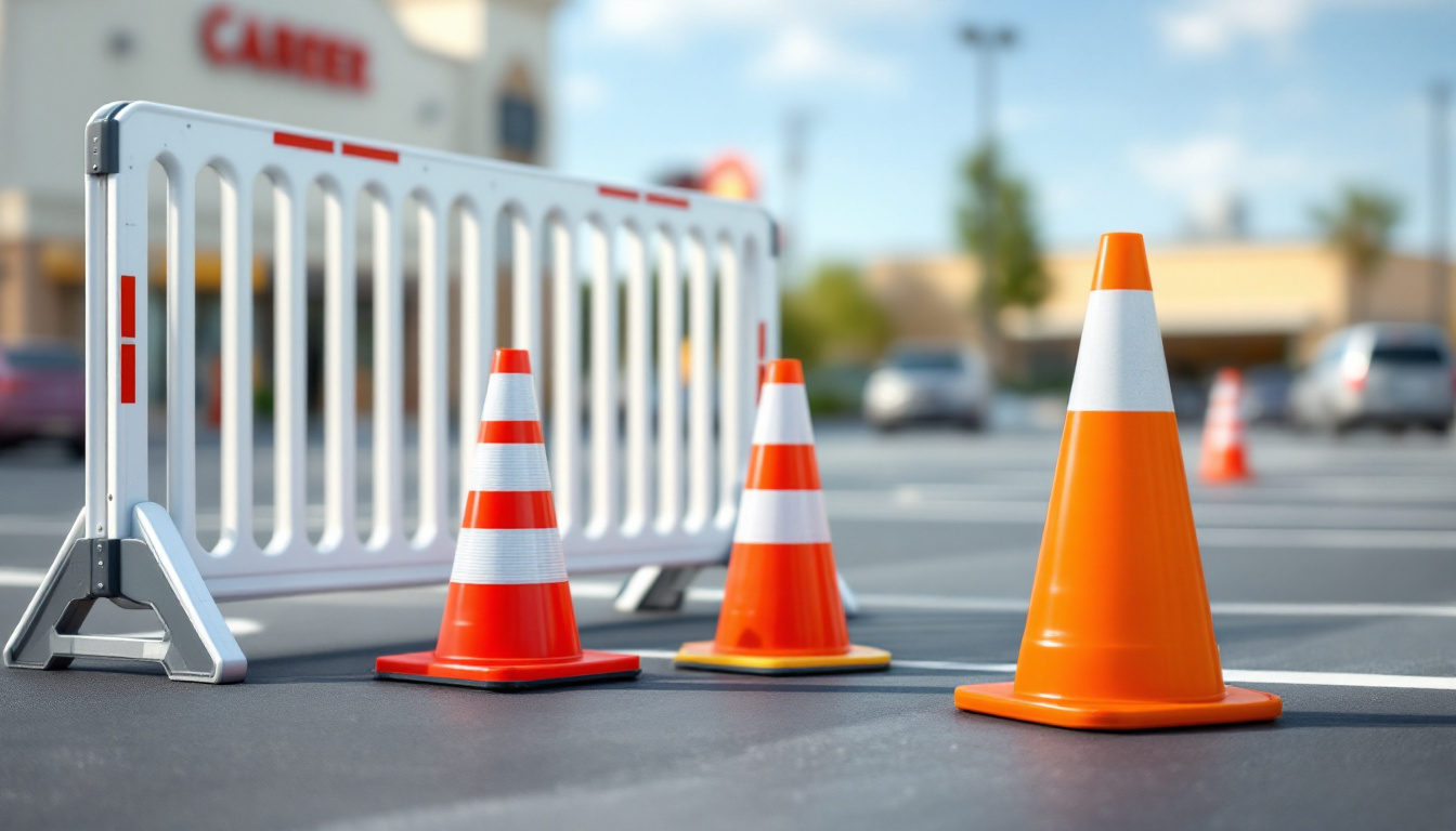 Traffic OS — cones and a barricade channelizing traffic around work in a commercial parking lot