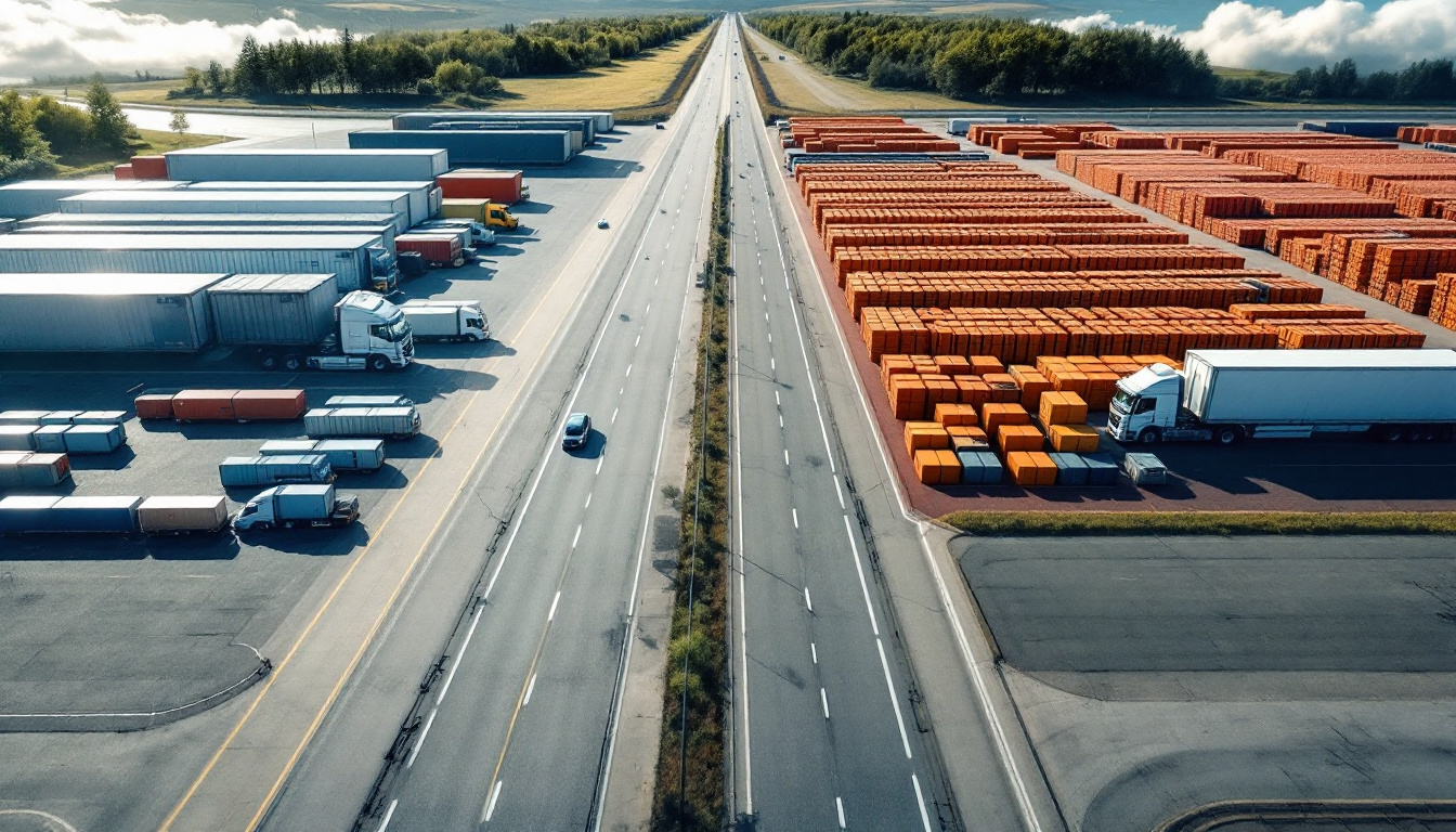 Traffic OS — two equipment yards serving jobs across a highway corridor