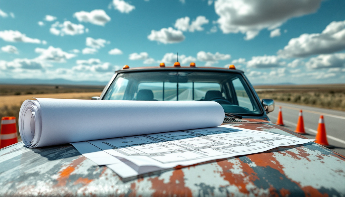 Plan sheets spread on a pickup hood beside a rural Texas highway