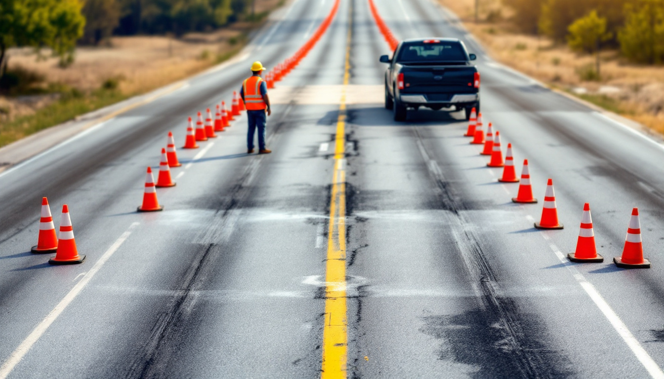 Traffic OS — a highway work zone with a cone taper guiding traffic past a closed lane