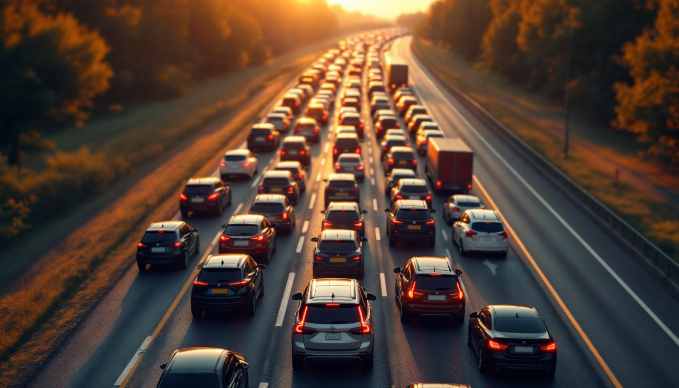 Traffic OS — queued traffic approaching a highway lane closure at dusk