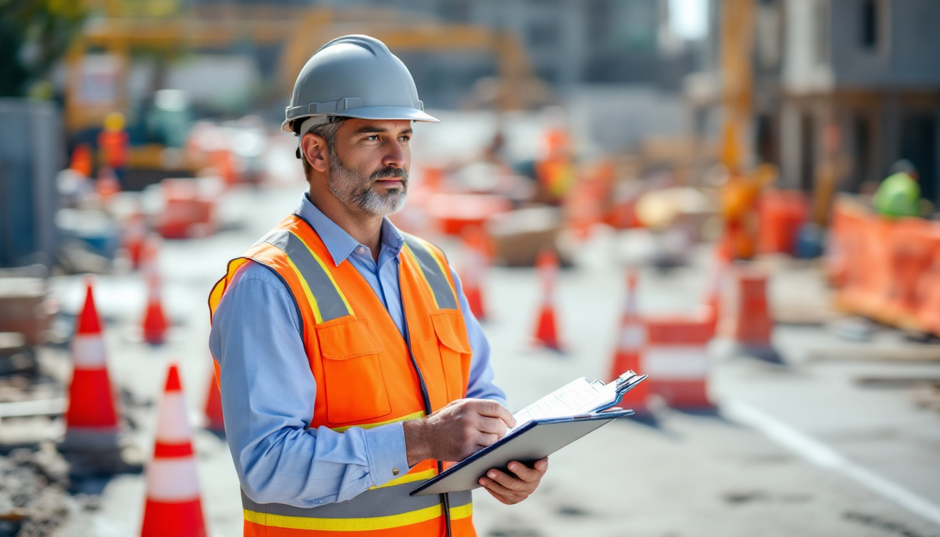 Traffic OS — an inspector with a clipboard walking a work zone in a hard hat and reflective vest